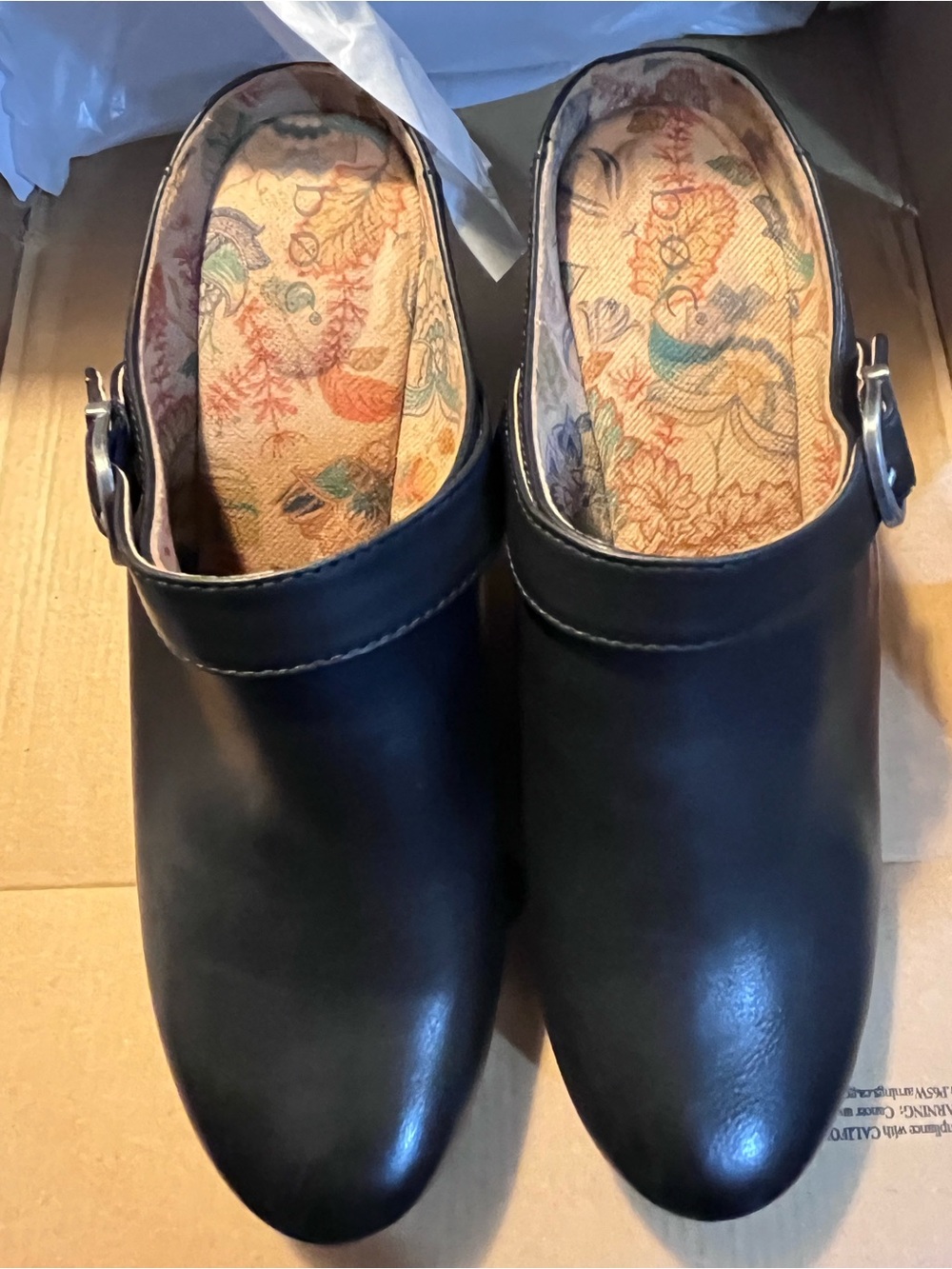 b.o.c. Black Leather Slip-On Clogs with Side Buckle